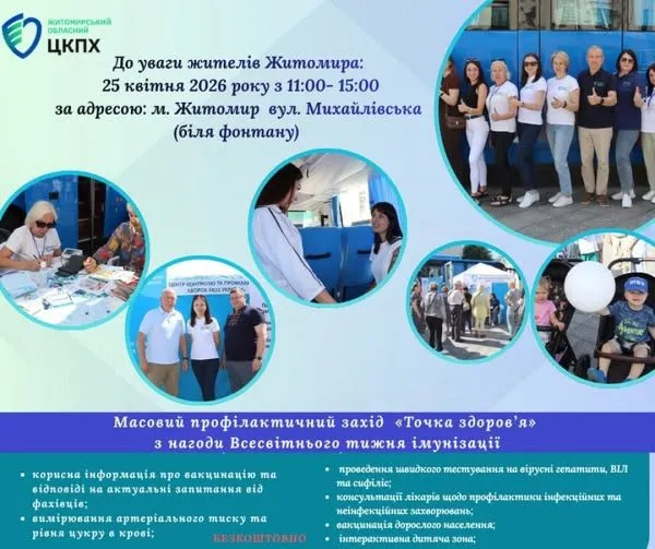 Сьогодні у центрі Житомира працює «Точка здоров’я»: безкоштовні тести та консультації лікарів