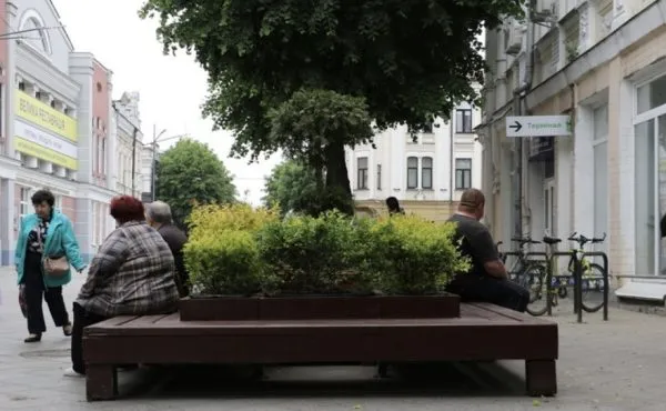 У Житомирі на Михайлівській встановили дерев'яні лави з декоративними рослинами